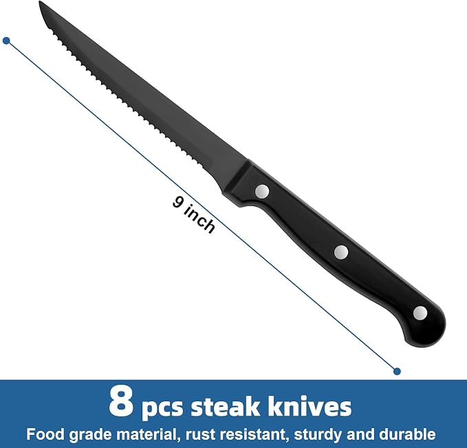 Black Steak Knives Set of 8, Sharp Triple Rivet Steak Knife, High-Carbon - Image 2