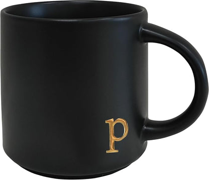 COLLECTIVE HOME Black Ceramic Coffee Mug, 15 oz Golden Monogram Tea Cup | by COLLECTIVEHOME