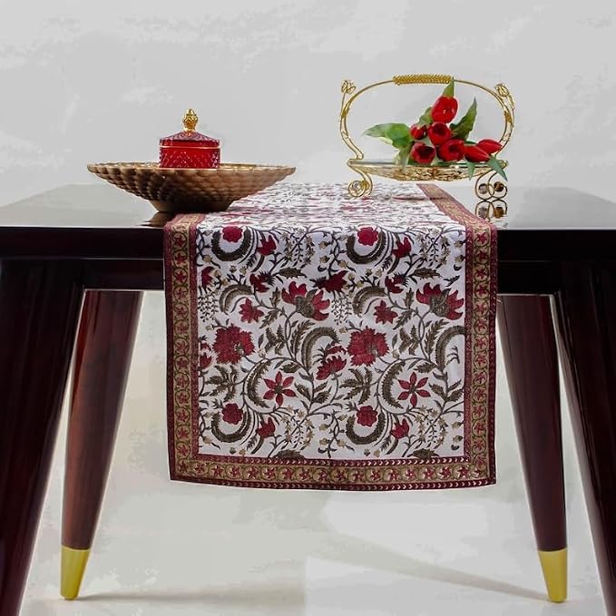 Prune Red Hand Block Print 100% Cotton Reusable Table Runner 16" X 106" Inches by Ridhi