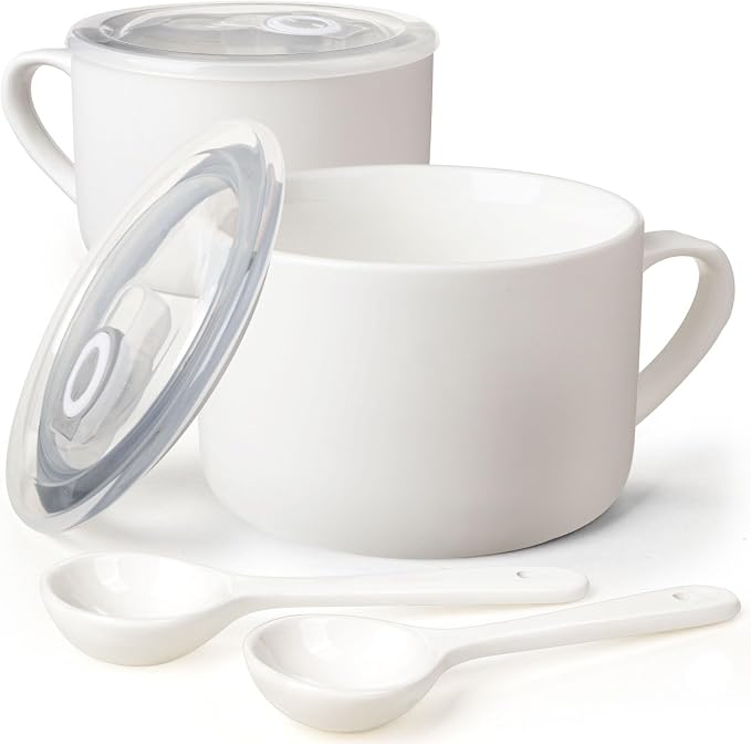 Soup Bowls with Handles & Spoons, 30oz Ceramic Ramen Bowl with Lid, Large Soup by Wareland