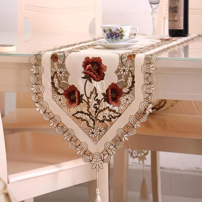 LeLehome Classic Flowers Embroidered Lace Table Runner 15" X 69" Long Satin - Image 6