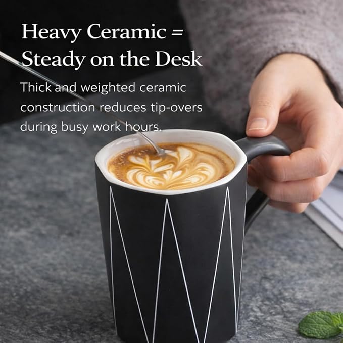 Ceramic Coffee Mug with Lid and Spoon, 13 oz Thick Heavy Coffee Cup - Image 2