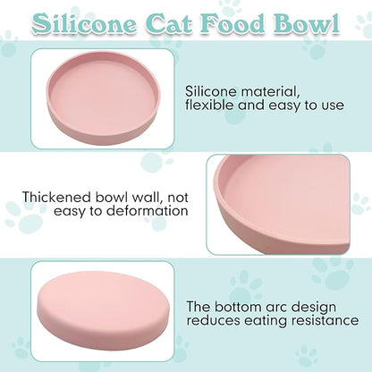 Silicone Cat Food Bowl Shallow Dishes 5.9in Wide Cats Bowls Set of 2 Kitty Plates Relief Whisker Fatigue Puppy Feeding Bowl for Dry Food and Wet Food Indoor (Round Pink)