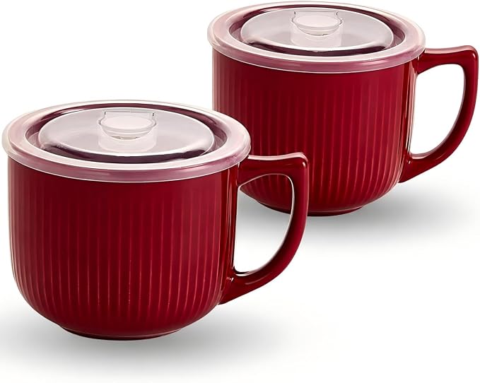 Ceramic Soup Bowl with Handle & Lid, 32oz Microwave Ramen Bowl Set of 2 | by Hoilse