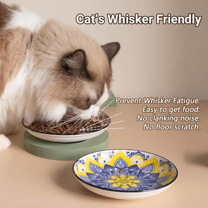 Non-Slip Cat Bowls, Ceramic Wide Pet Food Bowl Set for Relief Whisker Fatigue, 6 Pack Colorful Kitten Feeding Dishes Plates with Anti-Slip Silicone Base-Microwave and Dishwasher Safe, 8.5 oz