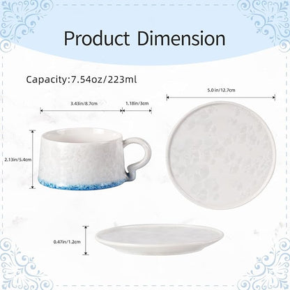 KAMMAK Tea Cups and Saucers Set of 2, 7.5 oz Glaze Coffee Mugs, 724N | - Image 2