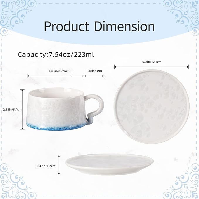 KAMMAK Tea Cups and Saucers Set of 2, 7.5 oz Glaze Coffee Mugs, 726N | - Image 2