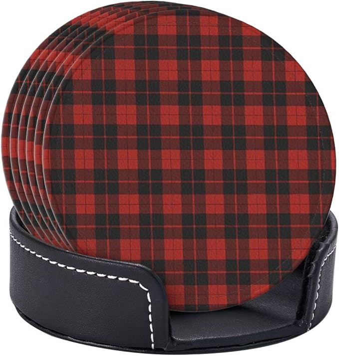 6 Pcs Christmas Plaid Red Black Buffalo Check Leather Coasters - Image 6