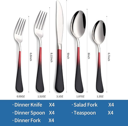 20-Piece Black Red Silverware Set, 18/0 Stainless Steel Colorful Handle Flatware Set,Service for 4,Modern Cutlery Set Includes Dinner Knives Forks Spoons,Mirror Polished,Dishwasher Safe