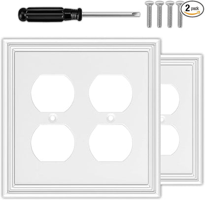 White Decorative Double Outlet Covers Wall Plate, Natural Material Light Switch Plate Outlet Covers - Modern Style (2 Gang Duplex 2 Pack)