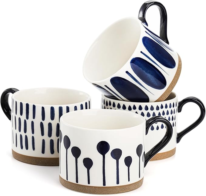 SOUJOY Set of 4 Large Ceramic Coffee Mugs, 15 Oz Hand Painted Coffee Cups by SOUJOY