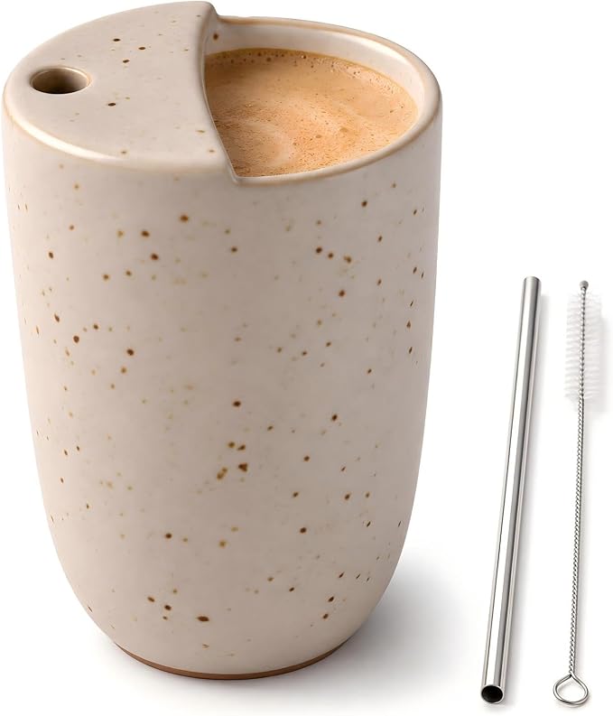 1 Pack Ceramic Coffee Mug with Sip Hole 9.5oz Retro Espresso Cup with Straw and by Ferrochef