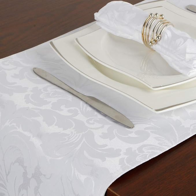 EHouseHome Jacquard Damask Reversible White Table Runners - Image 4