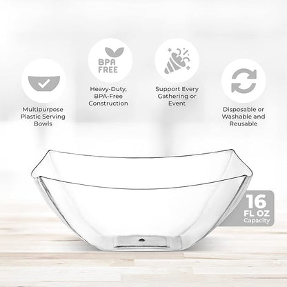 Posh Setting Clear Plastic Serving Bowls Disposable - Square Bowls - Square Candy Bowl - Plastic Snacks & Chip Bowls for Parties - Black, Gold & Clear, White Serving Dishes, 16 OZ, 4 Pack