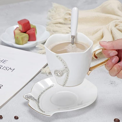 7 Oz Luxury Rhinestone Ceramic Coffee Cup and Saucer Set - Image 3