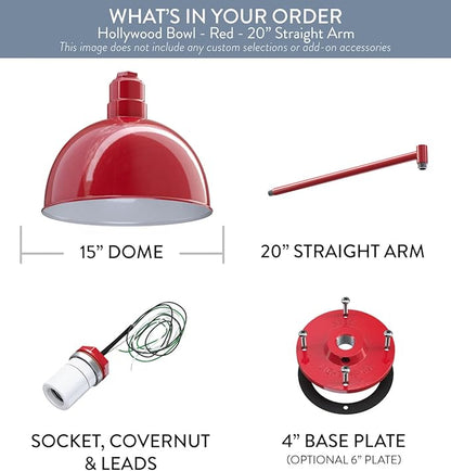 Steel Lighting Co. Hollywood Bowl Light | Outdoor Wall Mounted | 15 inch Bowl Dome | 20 inch Straight Arm | Barn Light Made in America | Red Exterior/White Interior