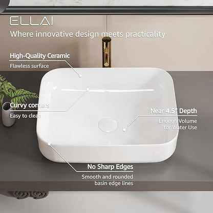 ELLAI Bathroom Vessel Sink Rectangle Above Counter Porcelain Ceramic Top Mount Rectanglar Countertop Sink for Bathroom 19.7"x15.2"x5.4" Glossy White with Pop Up Drain