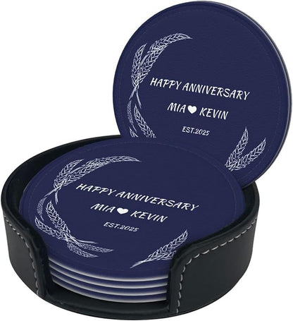 Customized Coasters Set of 6, Custom Brown PU Coasters with Name and Year 2025, Customize Coaster Set for Couples, Housewarming Gift for Couples New Home, Leather Coaster for Anniversary
