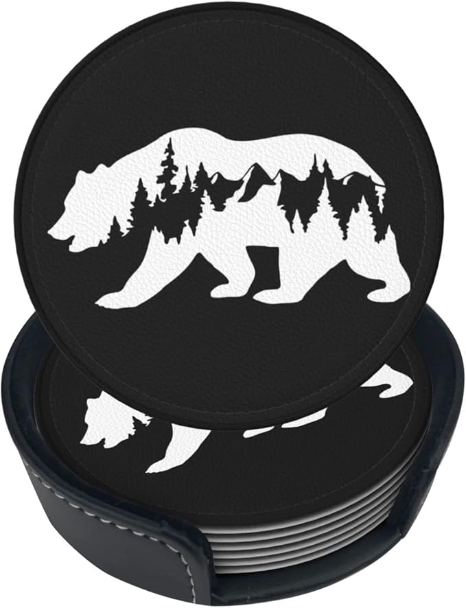 6 Pcs Hiking Bear Mountains Camper Leather Coasters by NiuKom