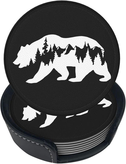 6 Pcs Hiking Bear Mountains Camper Leather Coasters by NiuKom
