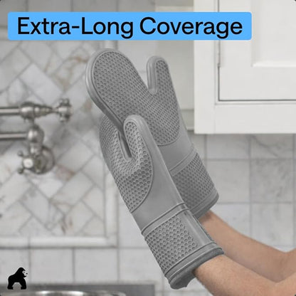 GORILLA GRIP BPA-Free Soft Silicone Oven Mitts, Heat Resistant and Waterproof Cooking Gloves, Thick Cotton Lining, Flexible Gripping for Baking Grilling, Kitchen Potholders Set of 2, 12.5x8.3, Gray