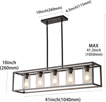 XILICON Oil Rubbed Bronze Farmhouse Chandelier Dining Room Lighting Fixture Hanging 5 Light Kitchen Island Lighting with Glass Shade for Dining Room