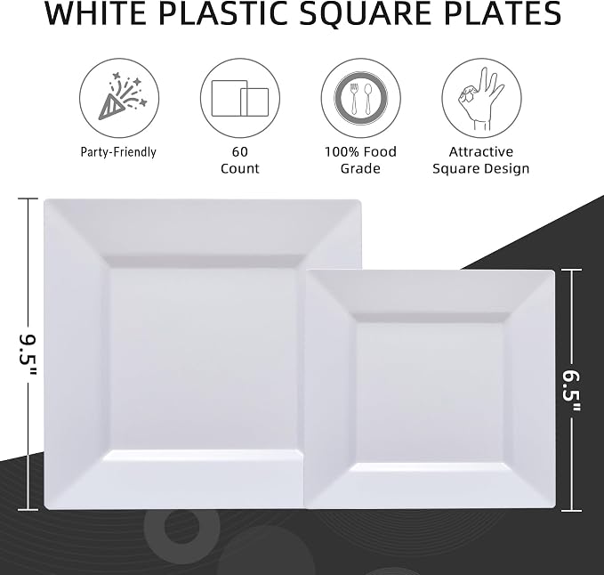 60PCS White Square Plastic Plates, Disposable Plates - Image 3
