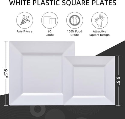 60PCS White Square Plastic Plates, Disposable Plates - Image 3