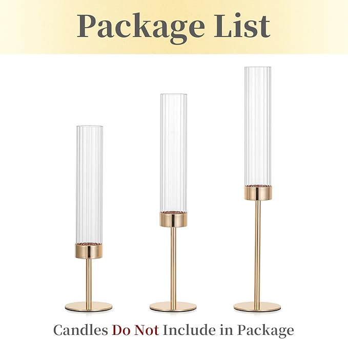 Hewory Gold Taper Candle Holders: Candlestick Holders Set of 3 Hurricane Glass Tall Candle Holder for Candlesticks Candle Sticks Holder Decor for Table Centerpiece Wedding Party Christmas Decorations