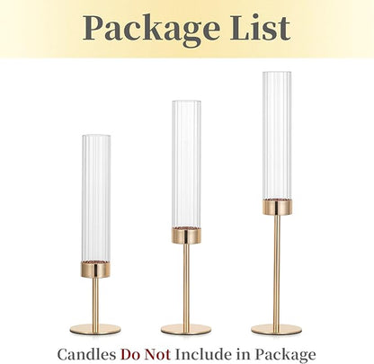 Hewory Gold Taper Candle Holders: Candlestick Holders Set of 3 Hurricane Glass Tall Candle Holder for Candlesticks Candle Sticks Holder Decor for Table Centerpiece Wedding Party Christmas Decorations