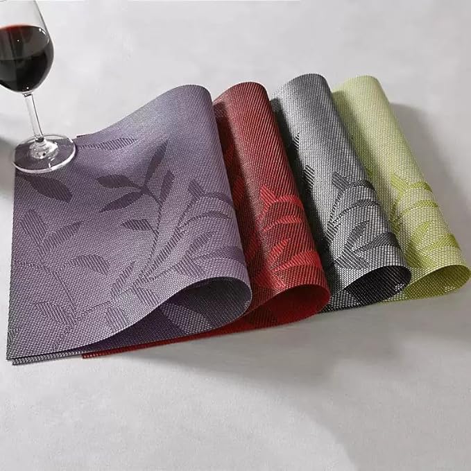 Leaf Placemats Set of 8 Non-Slip Heat-Resistant Vinyl Washable Place Mats for Kitchen Table Indoor Outdoor Durable (18"x12", Purple)