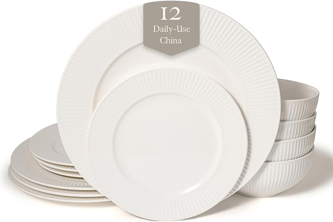 New Bone China 12 Piece Dinnerware Set, Santorini Collection, Daily Use China by SquareHouse