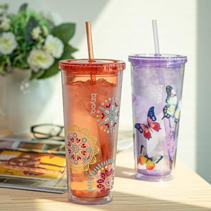 bzyoo 24oz Plastic Tumbler Cup, Lid & Straw, Iced Coffee, Medallion Orange | - Image 8