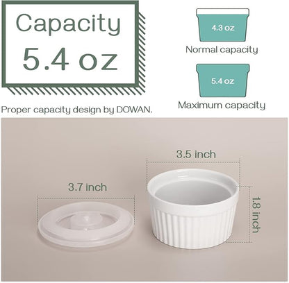 DOWAN Ramekins with Lids 4 oz Oven Safe, Creme brulee Souffle Dishes Ramekins with Covers, Porcelain Small Bowls for Baking Custard Cups, Set of 6, White