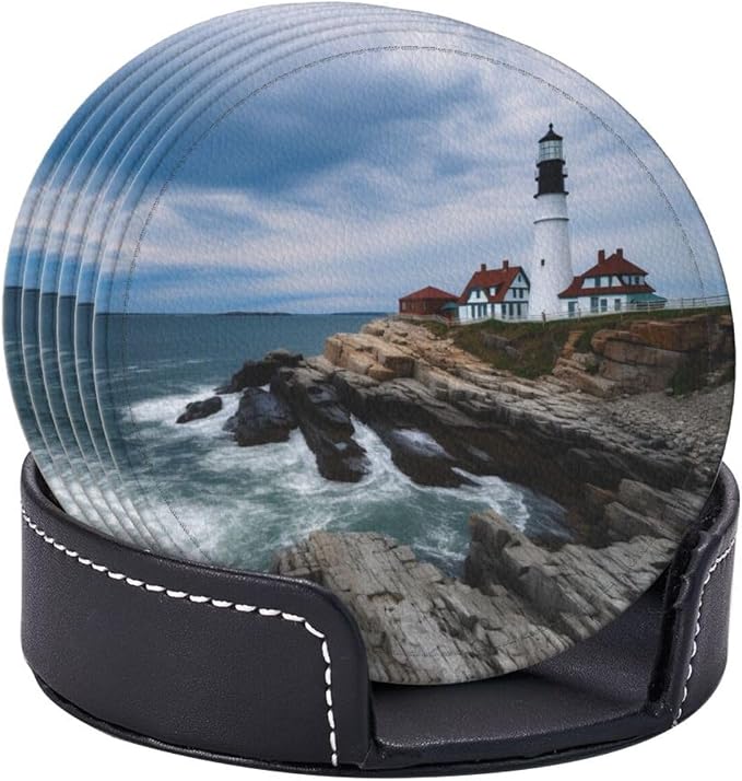 Lighthouse Beach Sky Leather Coasters Set of 6 - Image 9