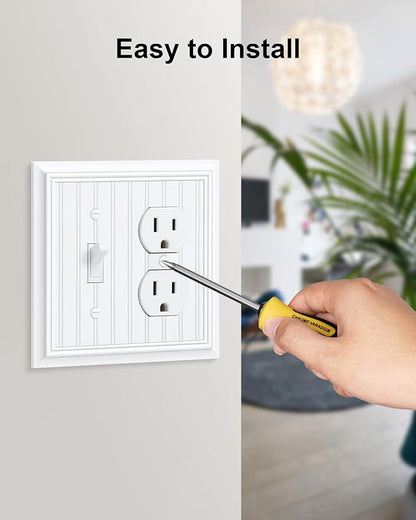 2-Pack Classic Beadboard Combo Toggle/Duplex Light Switch Cover Plate, Pure White Outlet Cover Plate, Natural Bamboo Fiber Decorative Wall Receptacle Cover for Electrical Outlets, Light Switch