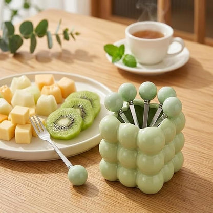 6 Piece Stainless Steel Fruit Fork Set Ceramic Holder Cyan | 304 Reusable - Image 6