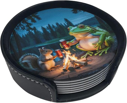 Happy Camper Frog Coasters for Drinks Set of 6, Round Leather Coaster - Image 2