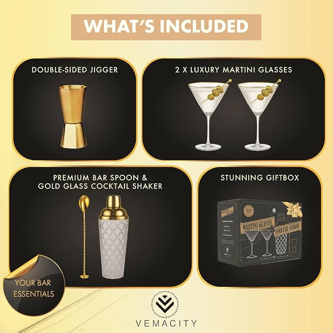 VEMACITY - Luxury Cocktail Shaker Set - Gold Glass Cocktail Shaker - Image 3