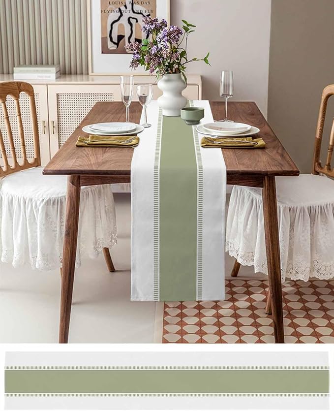 Sage Green Stripe Table Runners 72 inches Long, Linen Boho Table Runner - Image 3