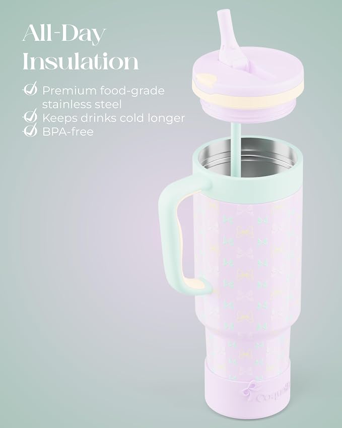 40 oz Insulated Tumbler with Handle and Push-Button Straw Lid, Stainless Steel - Image 4