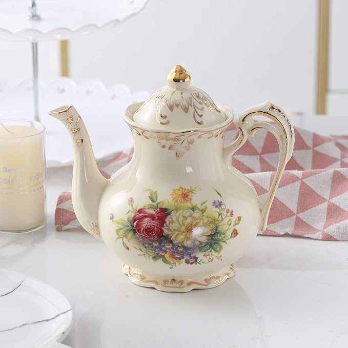 YOLIFE Porcelain Tea Set, Ivory Vintage Flowering Shrubs Teaset | 4 Teacups - Image 3