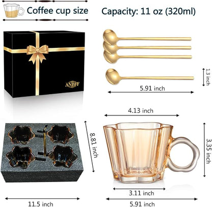 11oz Amber Floral Glass Coffee Mugs Set of 4 - Image 4