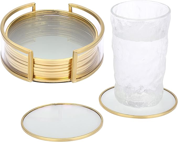 JUXYES Set of 8 Gold Brass Clear Glass Round Coaster by JUXYES