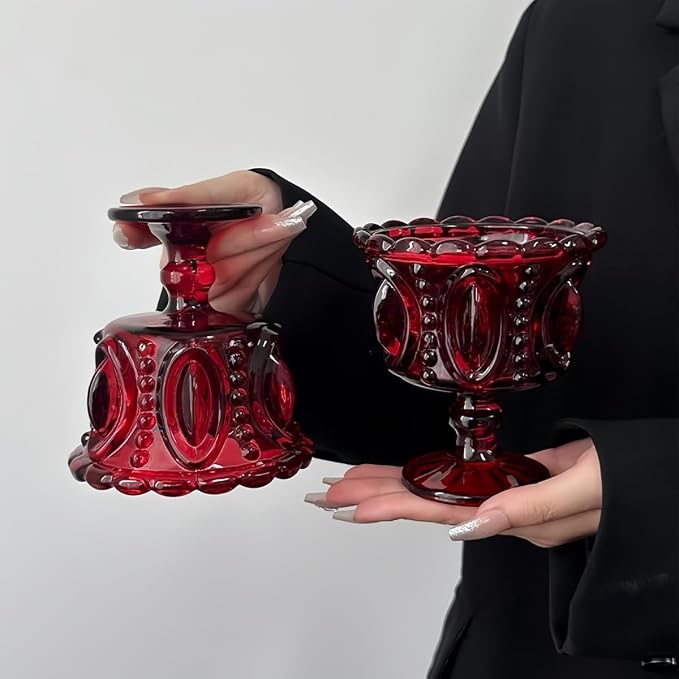 Carnival Glass Vintage Footed Dessert Cups Set of 2, 9oz Embossed Goblet - Image 3