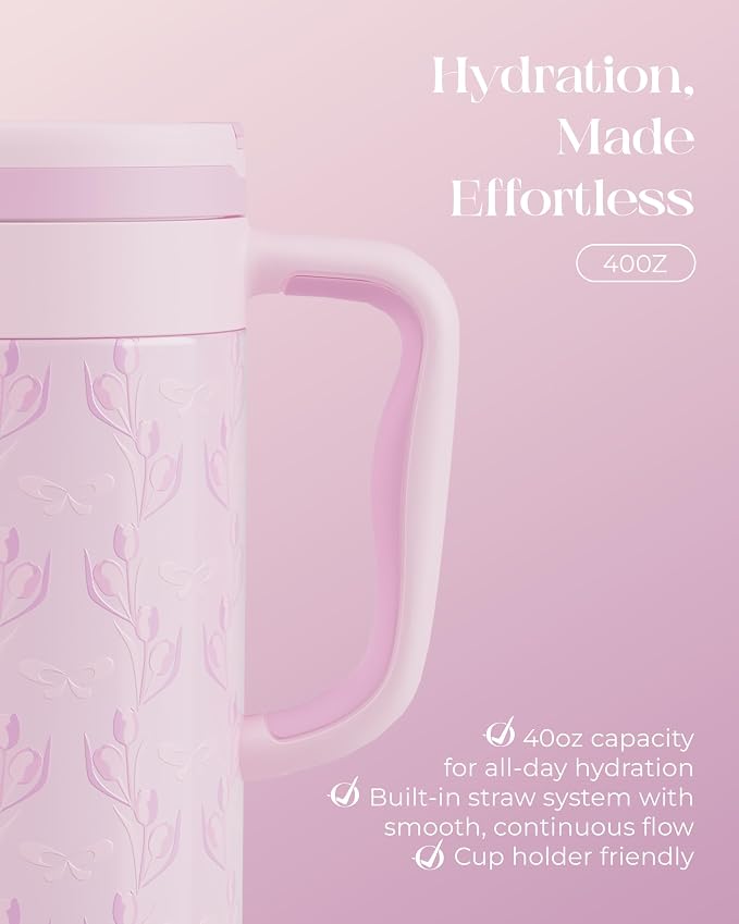 40 oz Insulated Tumbler with Handle and Push-Button Straw Lid, Stainless Steel - Image 5