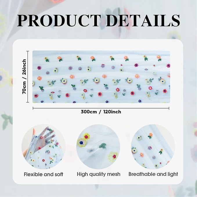 Artoid Mode Sky Blue Floral Gauze Embroidery Table Runner 120 Inch 10FT | Tulle - Image 7