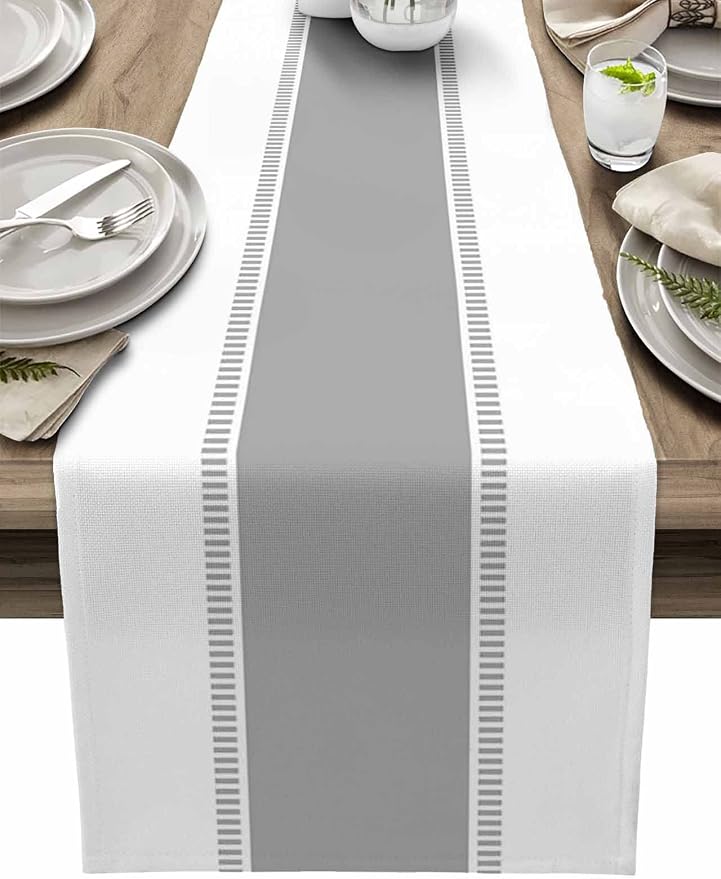 Grey Table Runners 90 inches Long, Farmhouse Linen Stripes Table Runner Dresser by Futuregrace