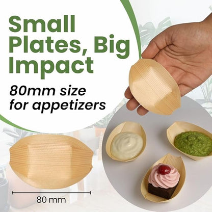 Dtocs Disposable Wooden Boat Plates 100 Pc – 80 mm Biodegradable Wood Serving Boats | Eco-Friendly Food Boats for Sushi, Desserts, Dips, Sauces | Alternate to Plastic, Bamboo, Paper Plates