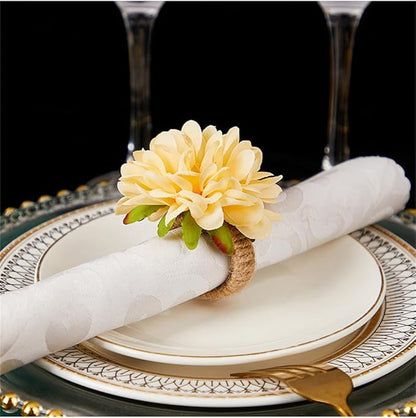 Floral Napkin Rings Set of 6,Rustic Rose Napkin Rings Flower Dinner Napkin Holder for Table Decoration (34#Champagne)